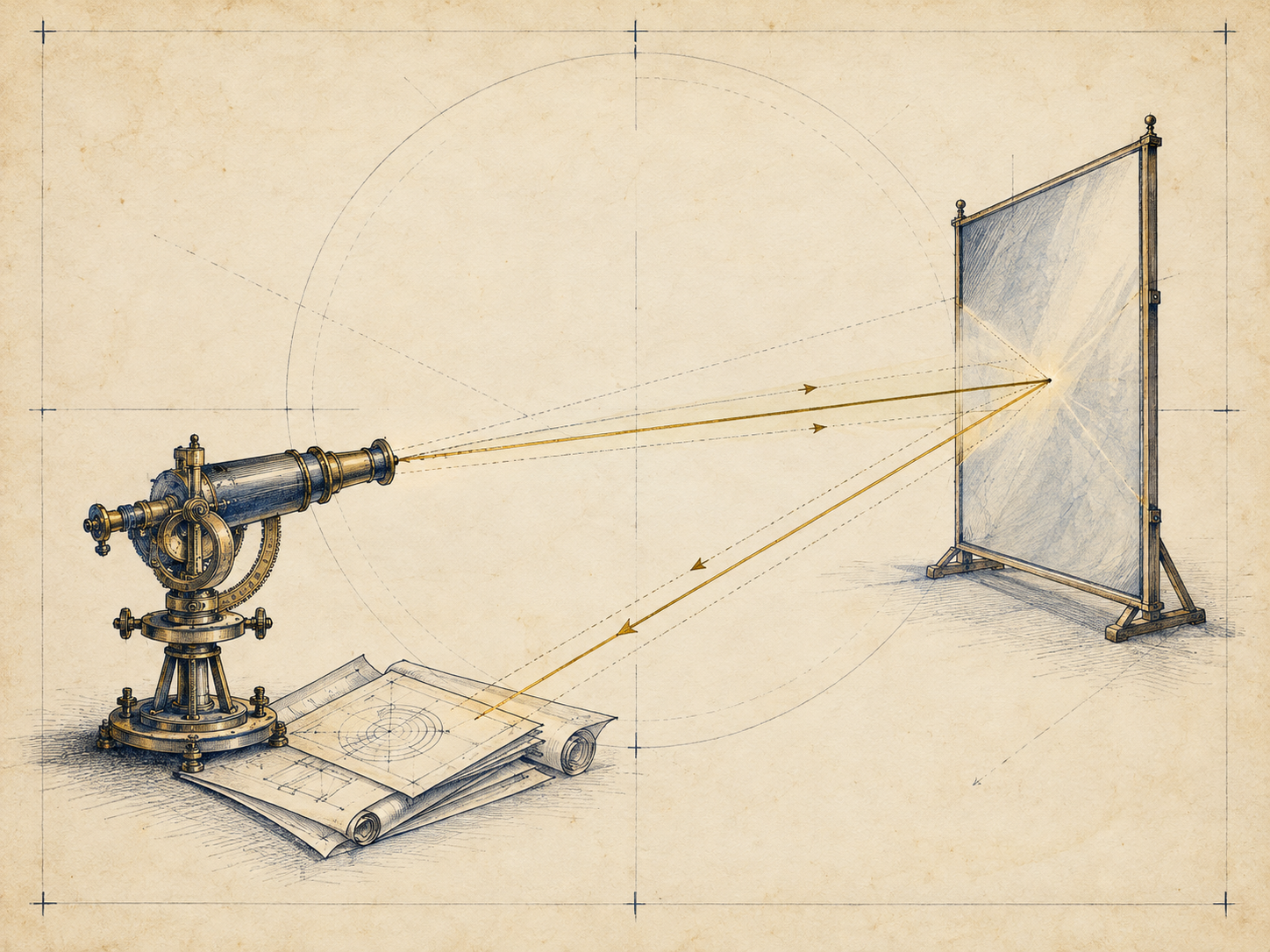 An antique forecasting instrument projects toward a mirrored screen, which reflects the path back to the engineering plans beneath the instrument.