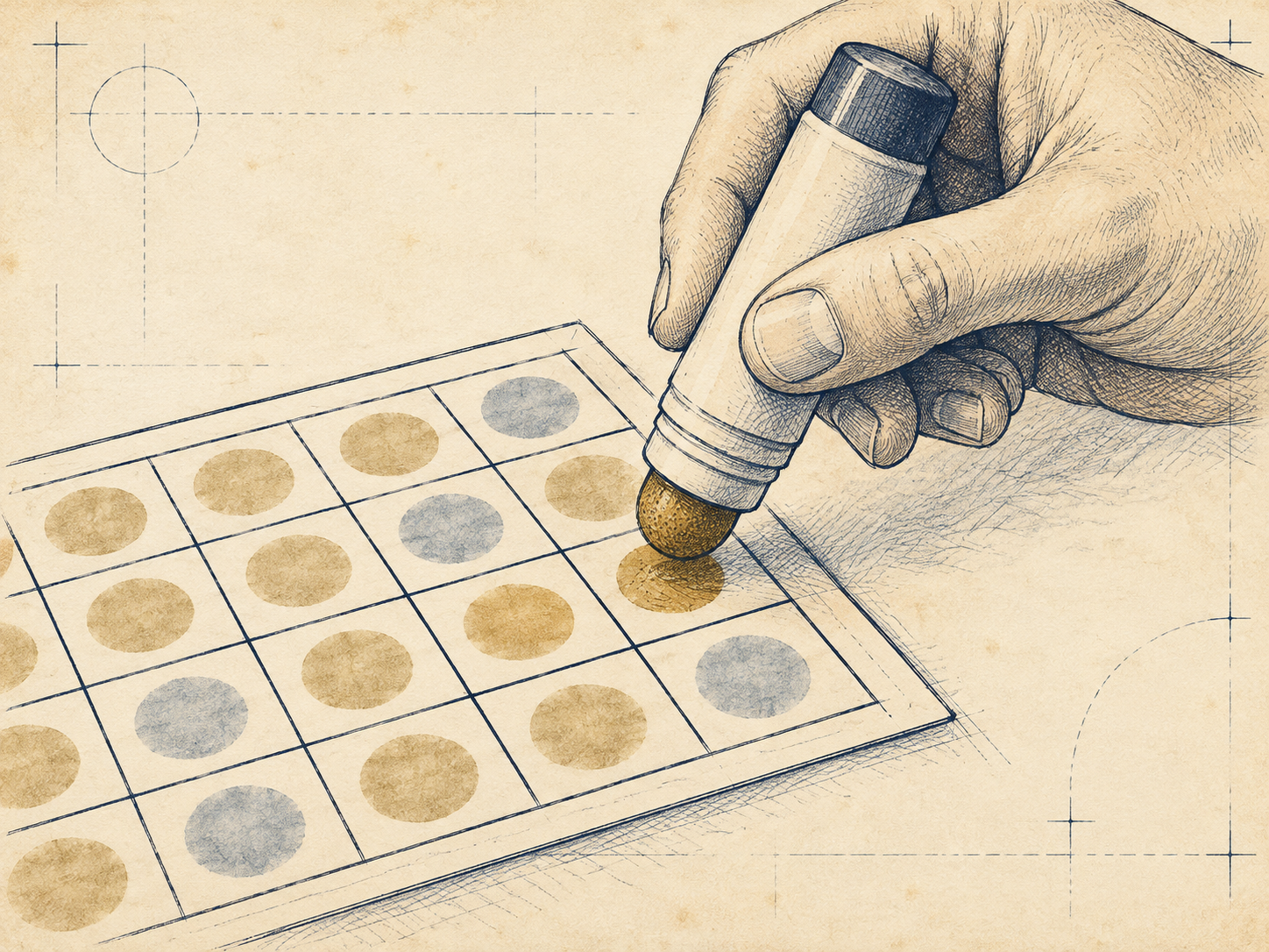A hand using a bingo dauber to mark another square on a nearly completed bingo card.