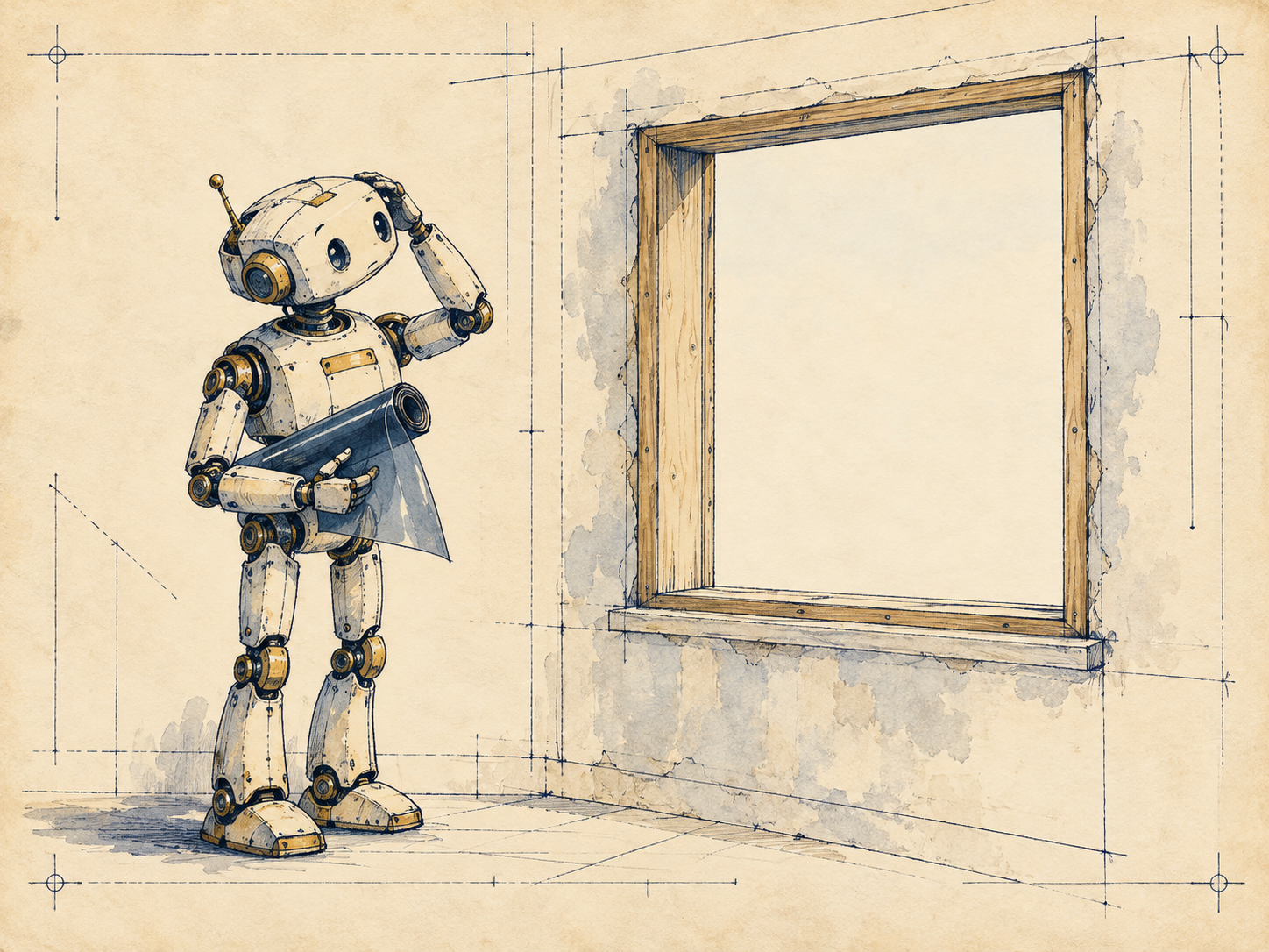 A puzzled service robot holding window tint beside an empty framed opening where a window should be.