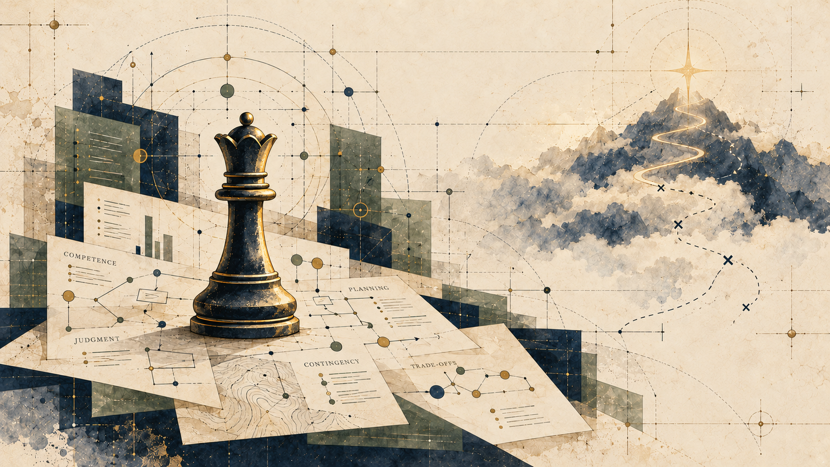 An aged-paper strategy diagram with a brass-edged chess queen, planning sheets, and a winding route toward an uncertain summit