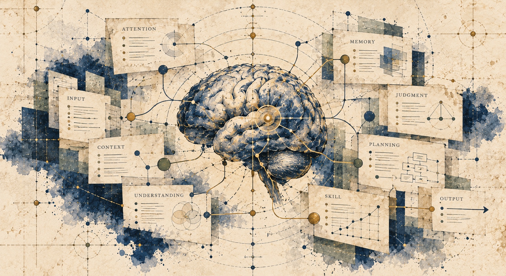 An illustrated brain at the center of a network connecting attention, memory, input, context, understanding, judgment, planning, skill, and output