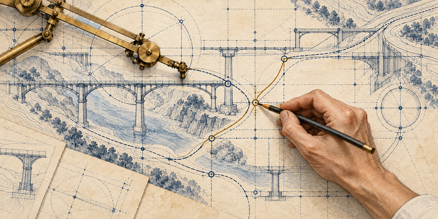 A mechanical drafting instrument proposes a navy route across a bridge plan while a human hand draws a gold correction around an engineering constraint.